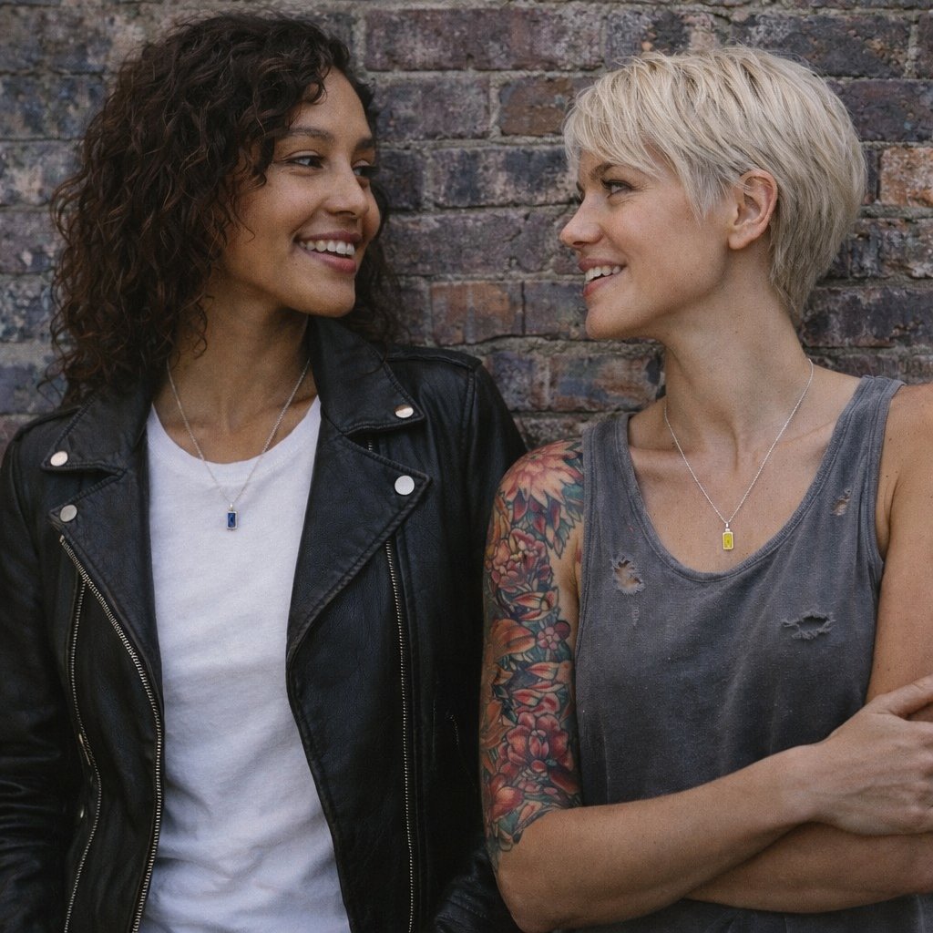 Girls wearing silver birthstone necklaces