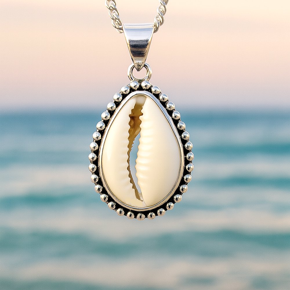 sterling silver cowrie Shell pendant necklace with against a blurred ocean background