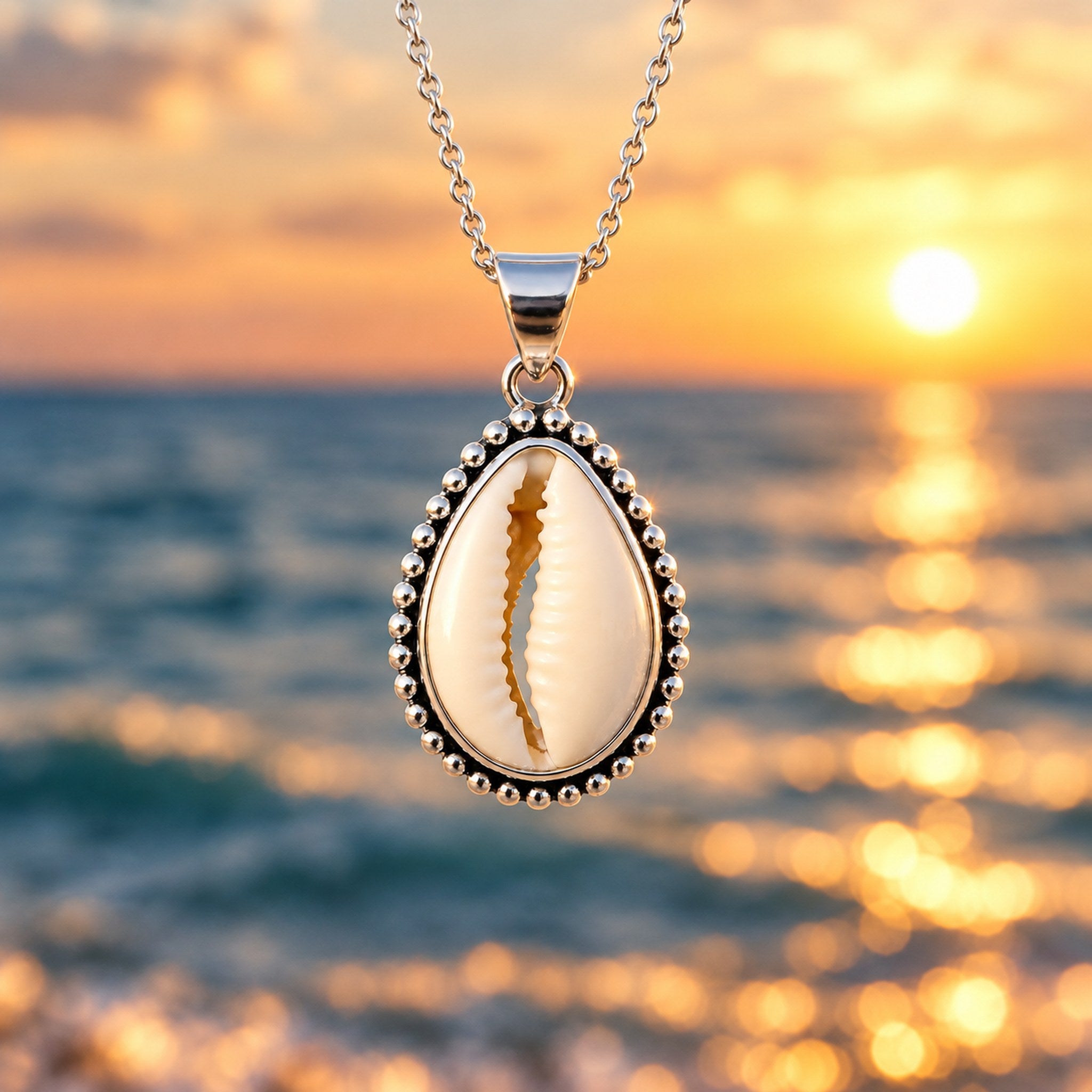 Sterling silver cowrie shell pendant on a fine cable chain against an ocean sunset
