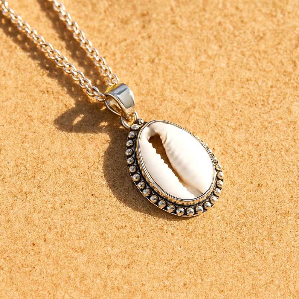 sterling silver cowrie shell Necklace on a sandy background by indie and harper australia