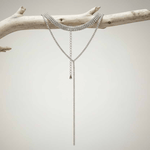 Silver chain necklace on a branch against a neutral background