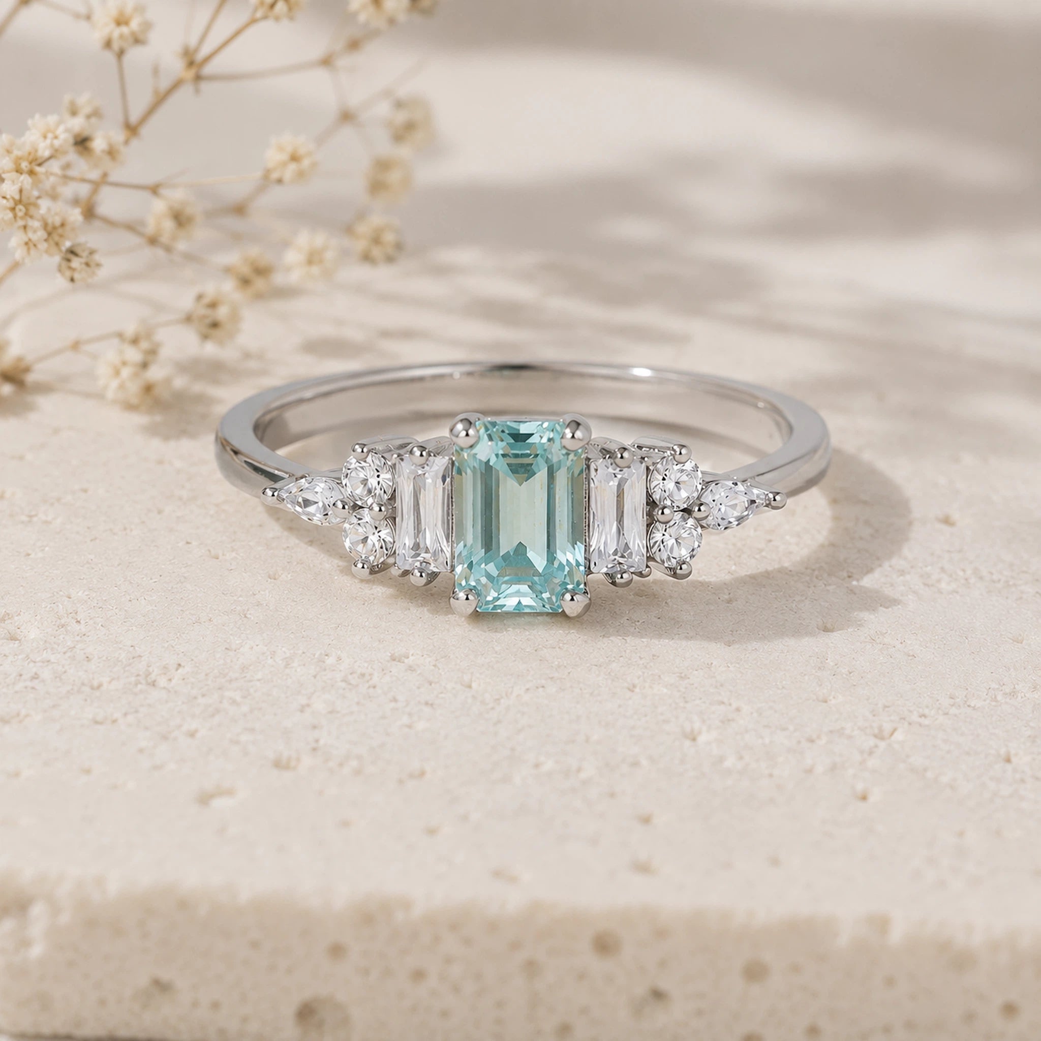 Certified Cyan Moissanite Art Deco Ring in 925 sterling silver, accented with cubic zirconia with emerald-cut cyan moissanite and cz stones