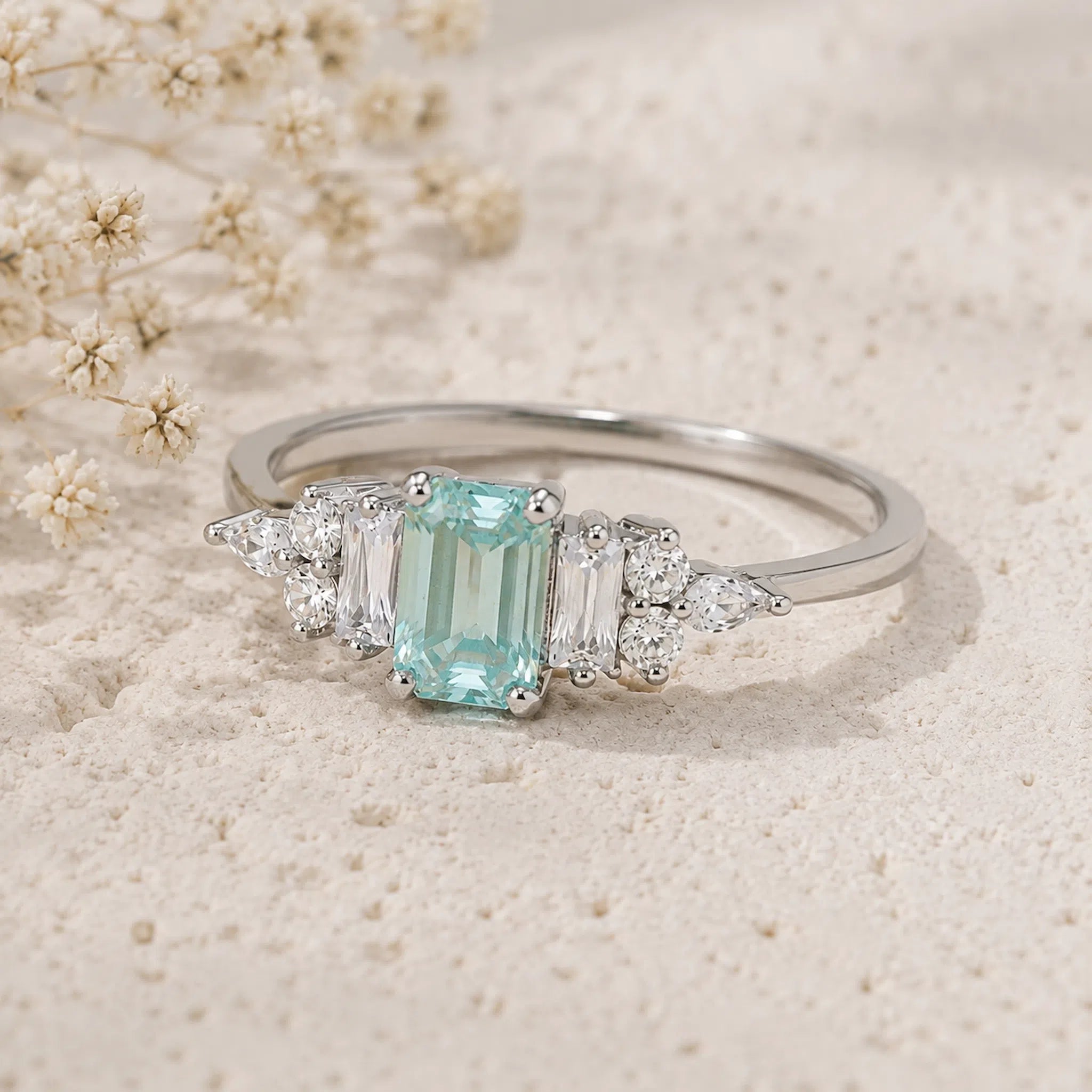 Certified Cyan Moissanite Art Deco Ring in 925 sterling silver, accented with cubic zirconia
