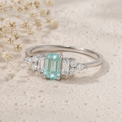 Certified Cyan Moissanite Art Deco Ring in 925 sterling silver, accented with cubic zirconia