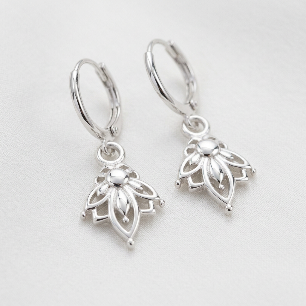 Silver lotus hoop earrings with lotus charms