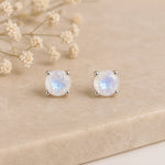 A pair of round bezel-set faceted natural moonstone stud earrings with silver prongs, displayed on a beige stone surface with dried baby's breath flowers in the background.