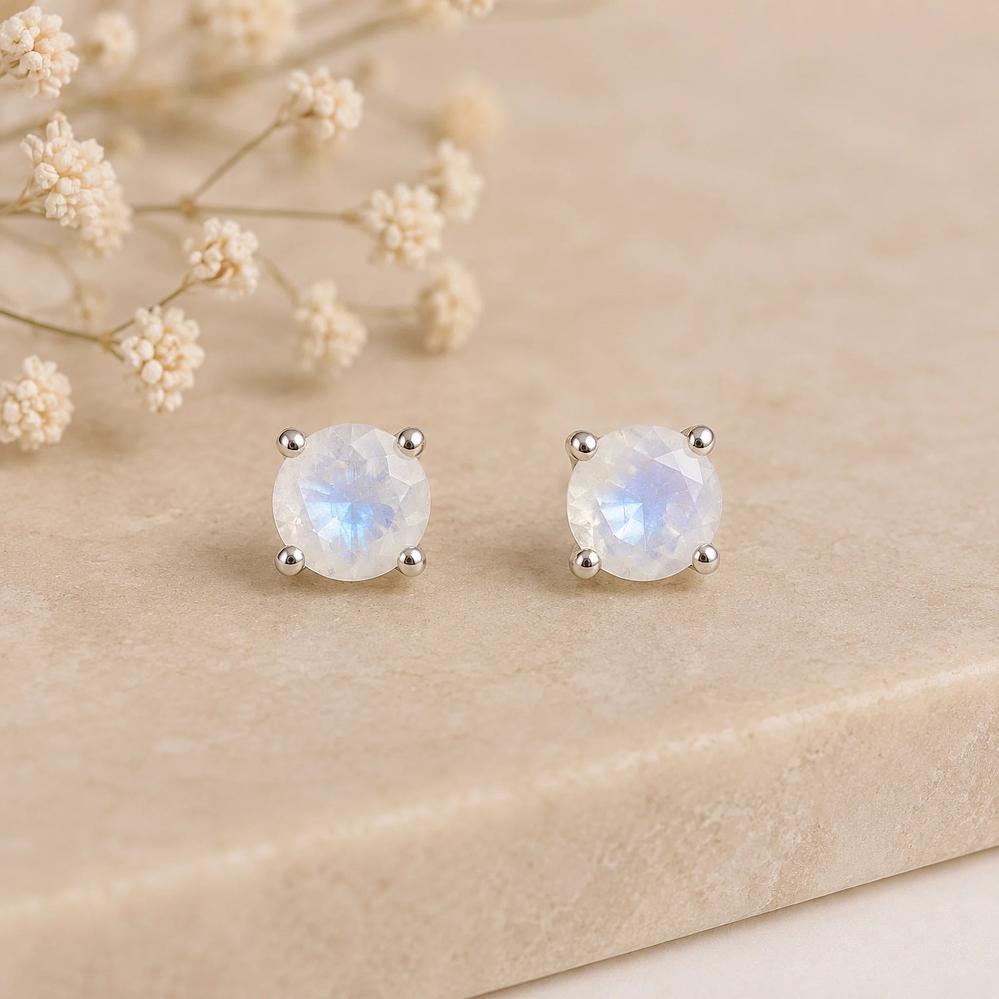 A pair of round bezel-set faceted natural moonstone stud earrings with silver prongs, displayed on a beige stone surface with dried baby's breath flowers in the background.