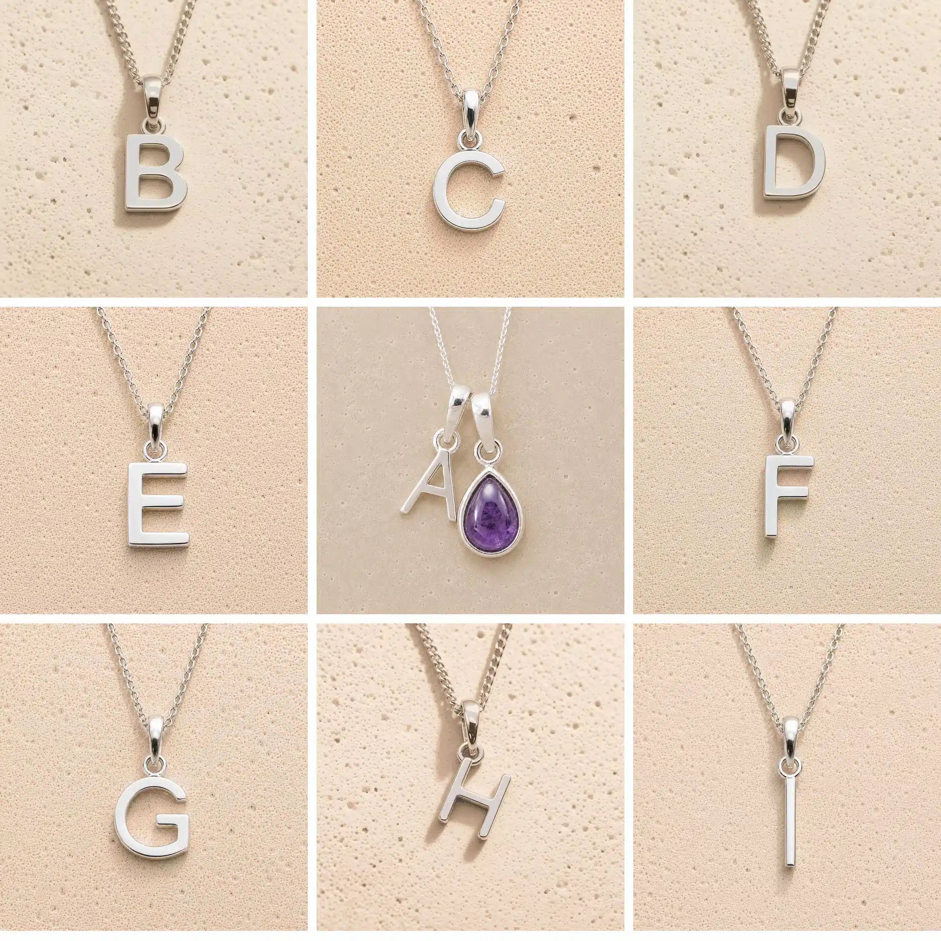 Collection of silver necklaces with initial pendant A to I on a beige background as personalised letter options to add to a February Birthstone Amethyst Necklace.