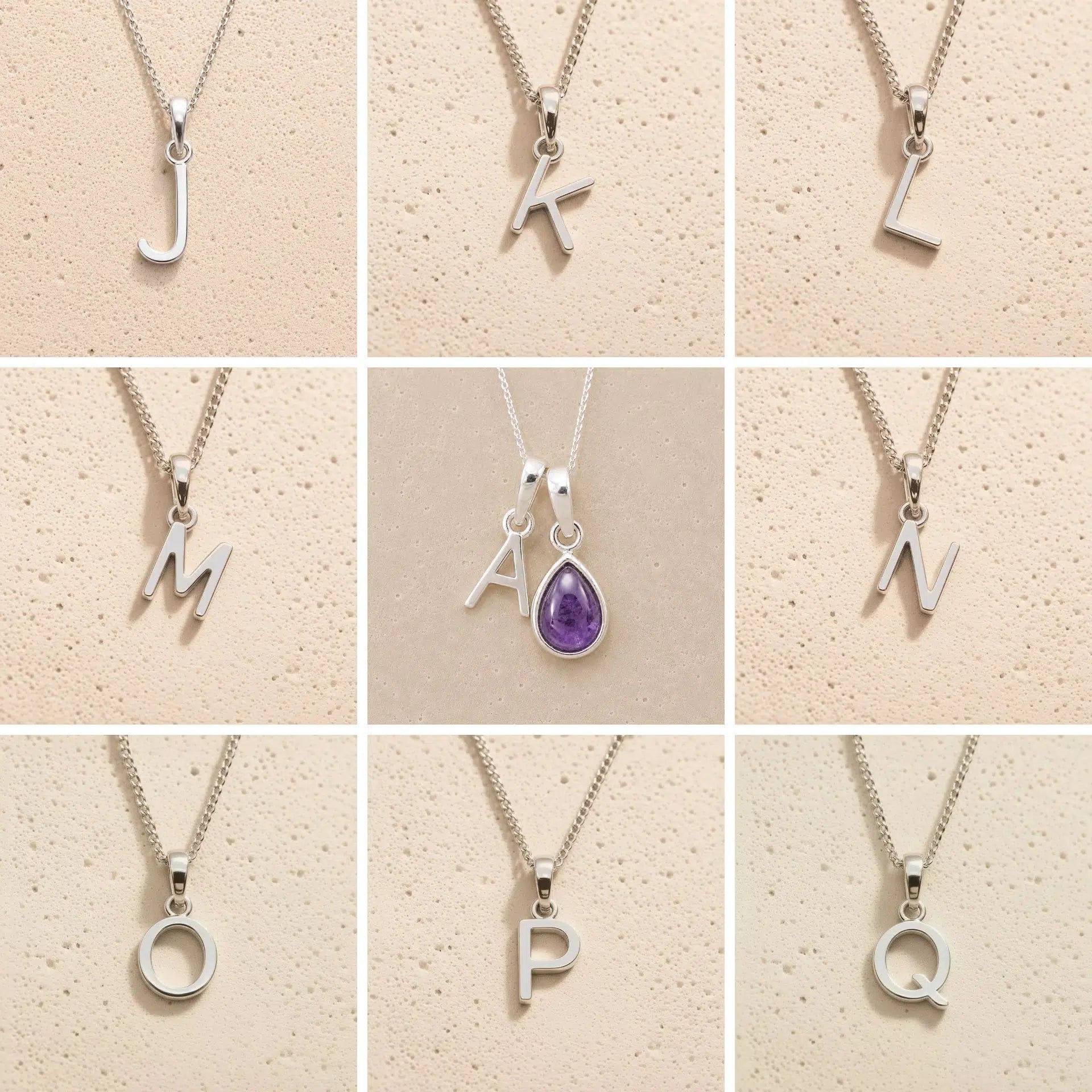 Collection of silver necklaces with initial pendant J to Q on a beige background as personalised letter options to add to a February Birthstone Amethyst Necklace.