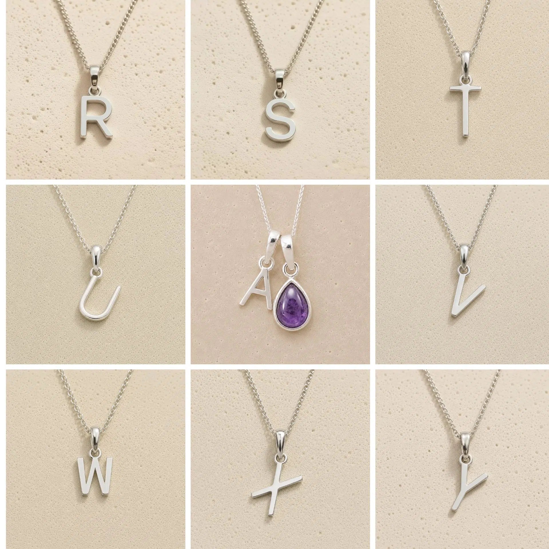 Collection of silver necklaces with initial pendant R to Y on a beige background as personalised letter options to add to a February Birthstone Amethyst Necklace.