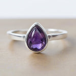 Sterling Silver February birthstone ring with pear-shaped natural amethyst gemstone as a meaningful birthstone jewellery gift for her