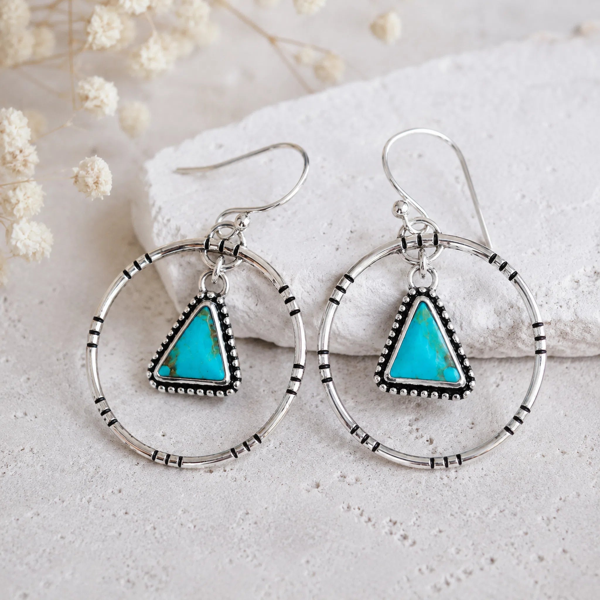 sterling silver french hook earrings with tribal engraving design and natural turquoise stone