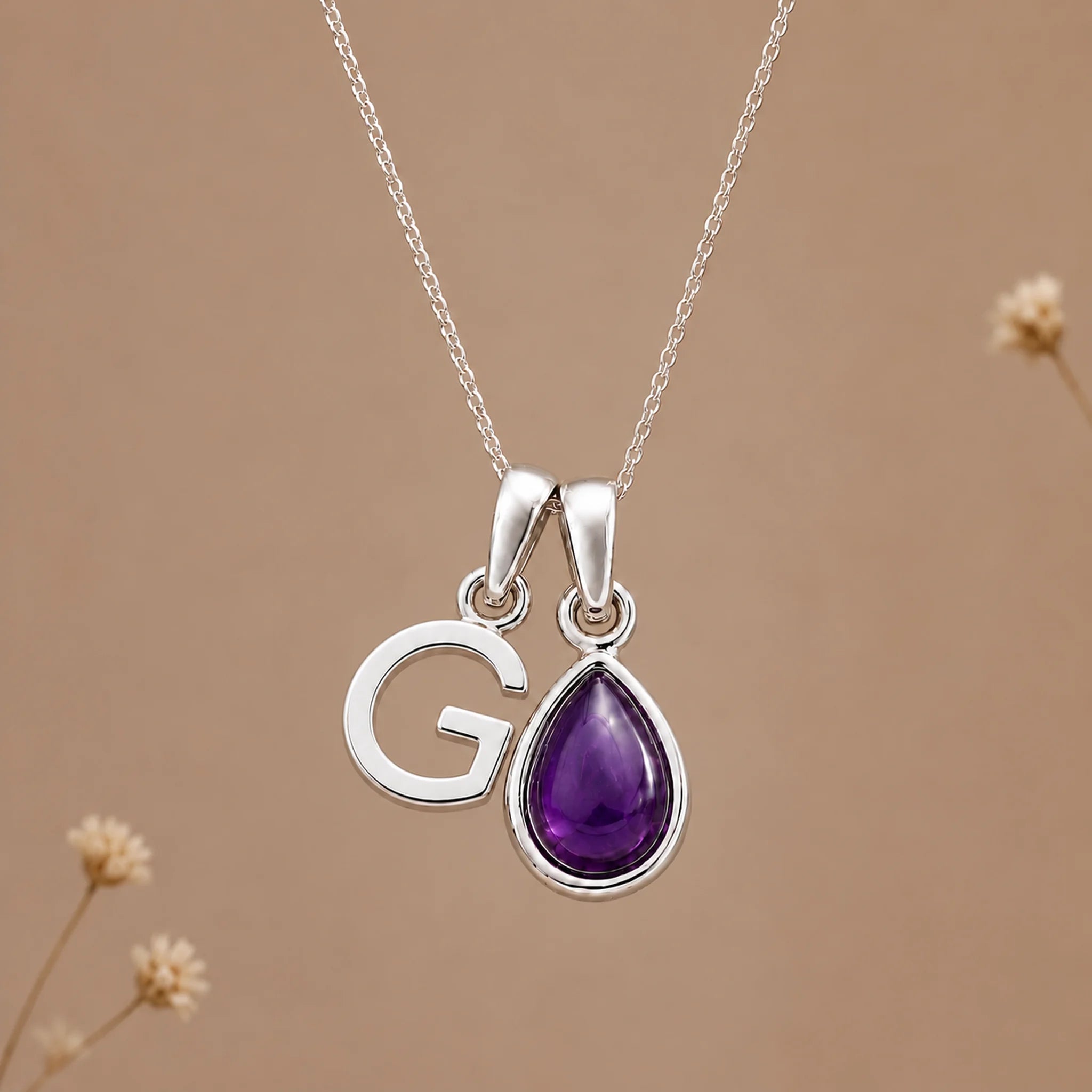 Sterling silver initial G necklace with a February amethyst pendant