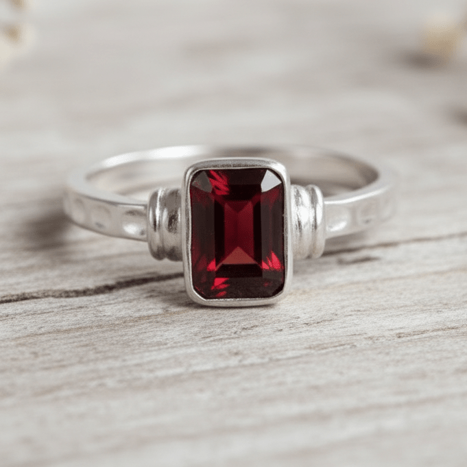 Silver ring with a red gemstone on a white surface with dried flowers