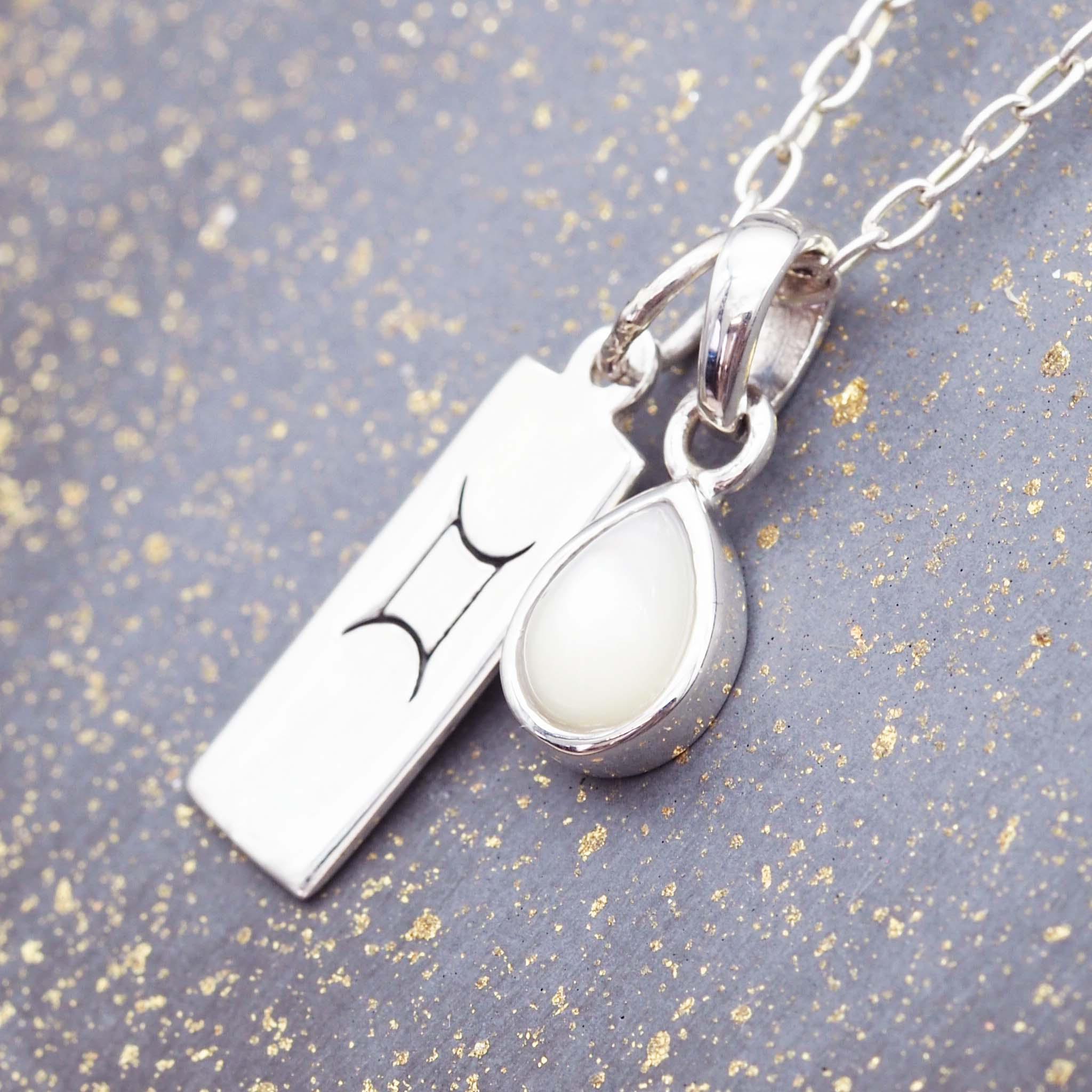 silver Gemini and June Birthstone pearl necklace by indie and harper australia