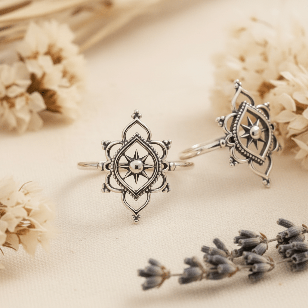 Pair of silver rings with intricate designs on a beige background with dried flowers.