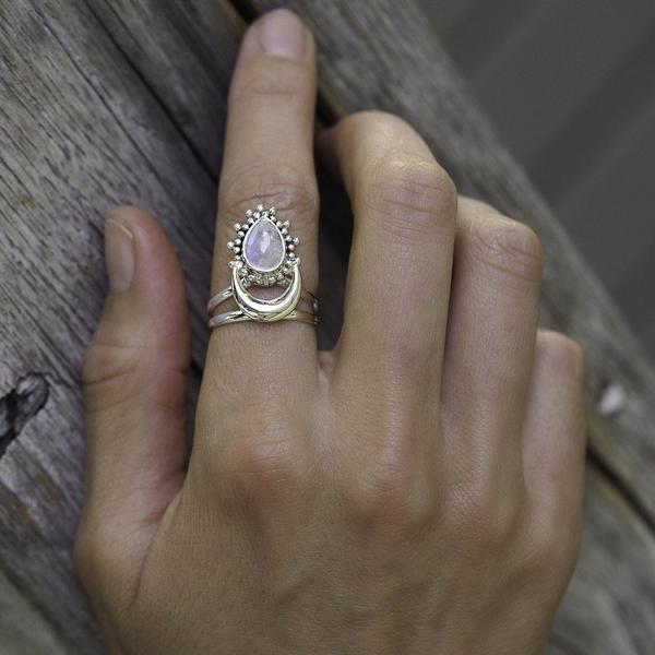 sterling silver half moon moonstone ring being worn - moonstone jewellery australia