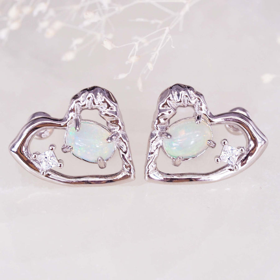 silver heart opal earrings - women's opal jewellery australia