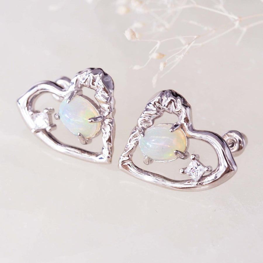 silver heart opal earrings - women's opal jewellery australia