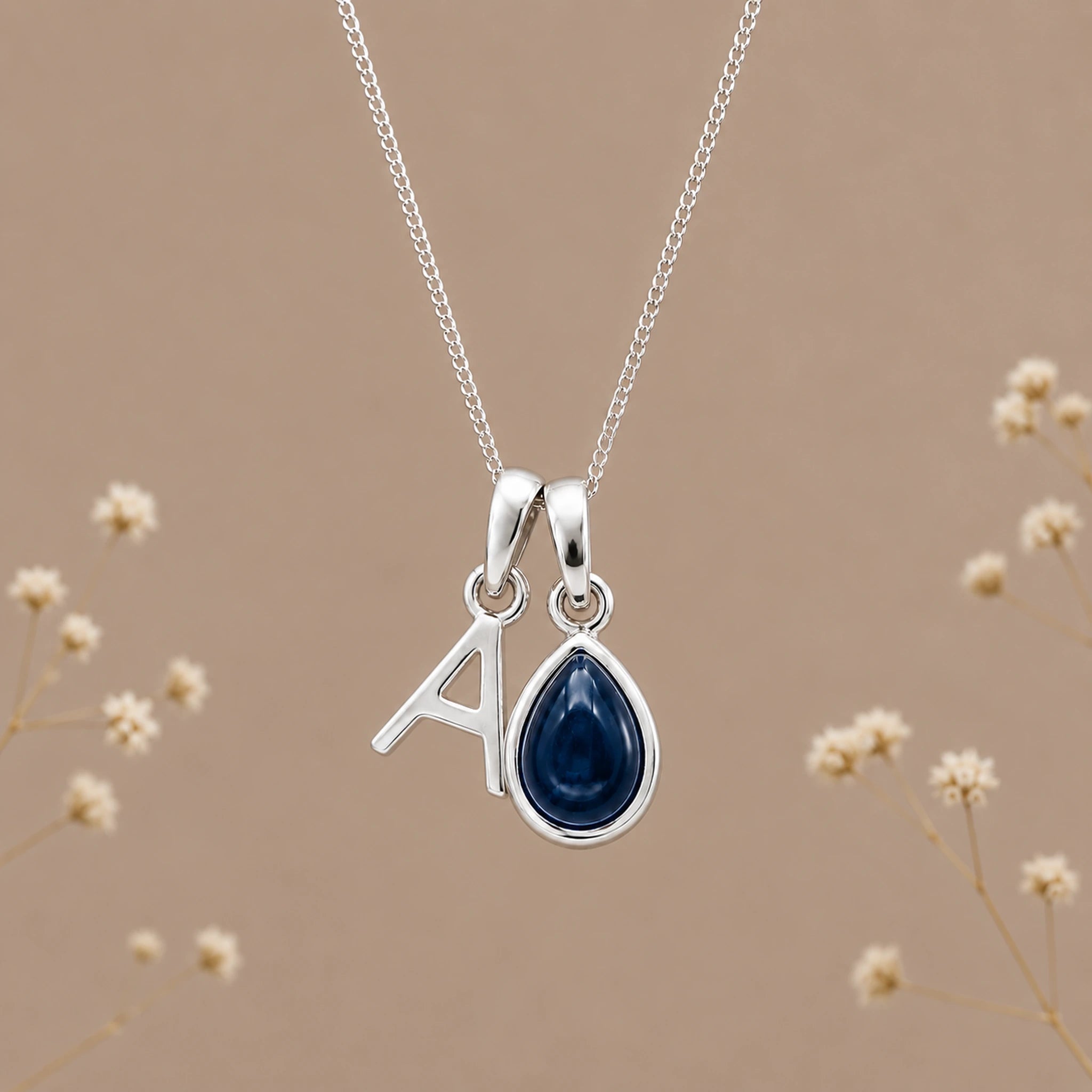 Sterling silver initial A and natural September sapphire necklace