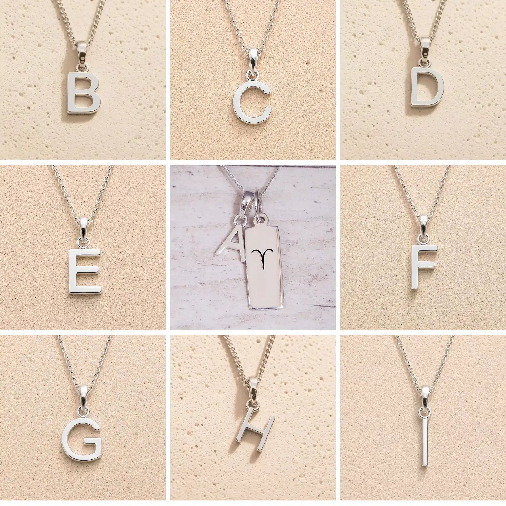 Collage of silver necklaces with letter pendants A to I on a beige background as personalised initials to add to the Aries Zodiac Necklace