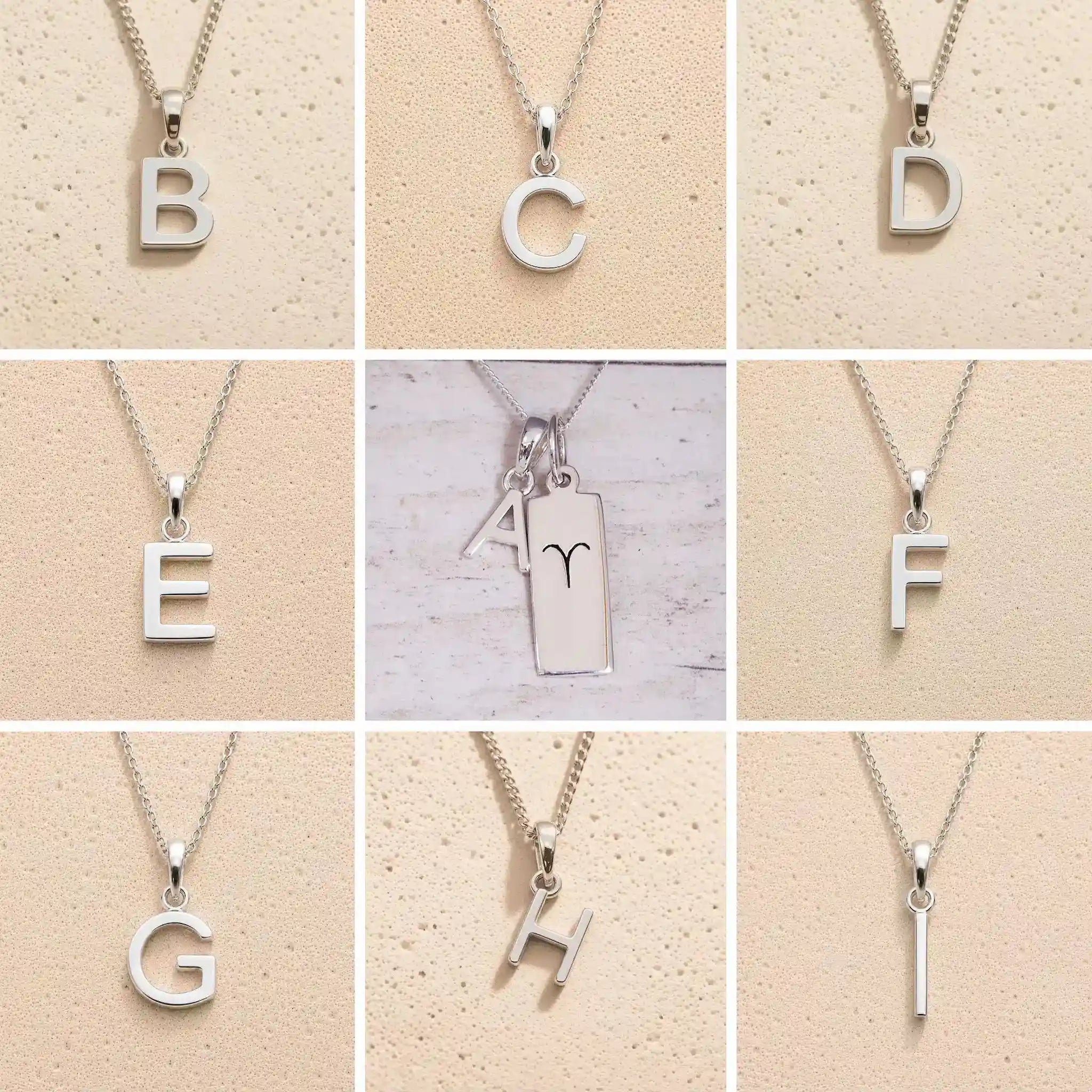 Collage of silver necklaces with letter pendants A to I on a beige background as personalised initials to add to the Aries Zodiac Necklace
