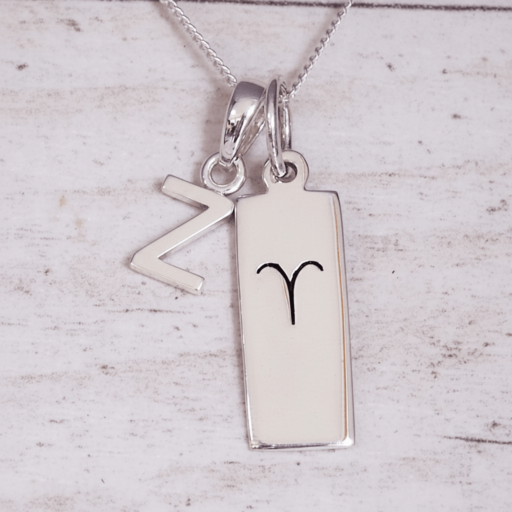 Silver Initial and Aries Zodiac Necklace