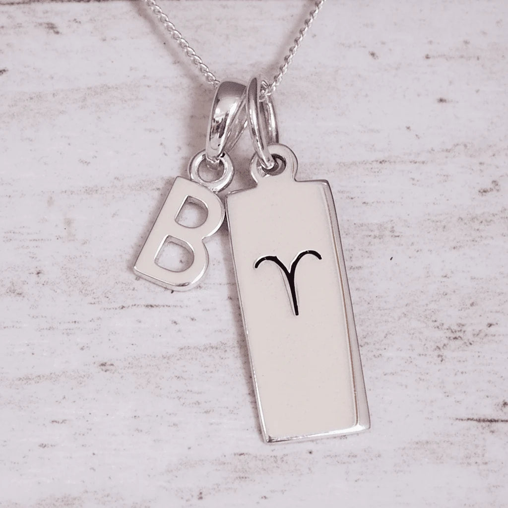 Sterling Silver necklace with a 'B' initial pendant and a Aries Zodiac pendant on a light grey background.