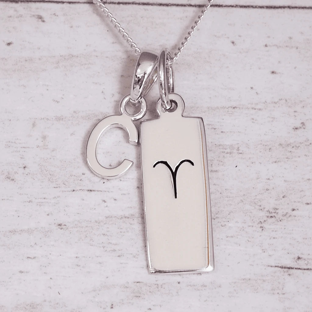 Sterling Silver necklace with a 'C' initial pendant and a Aries Zodiac pendant on a light grey background.