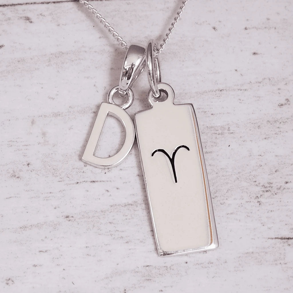 Sterling Silver necklace with a 'D' initial pendant and a Aries Zodiac pendant on a light grey background.