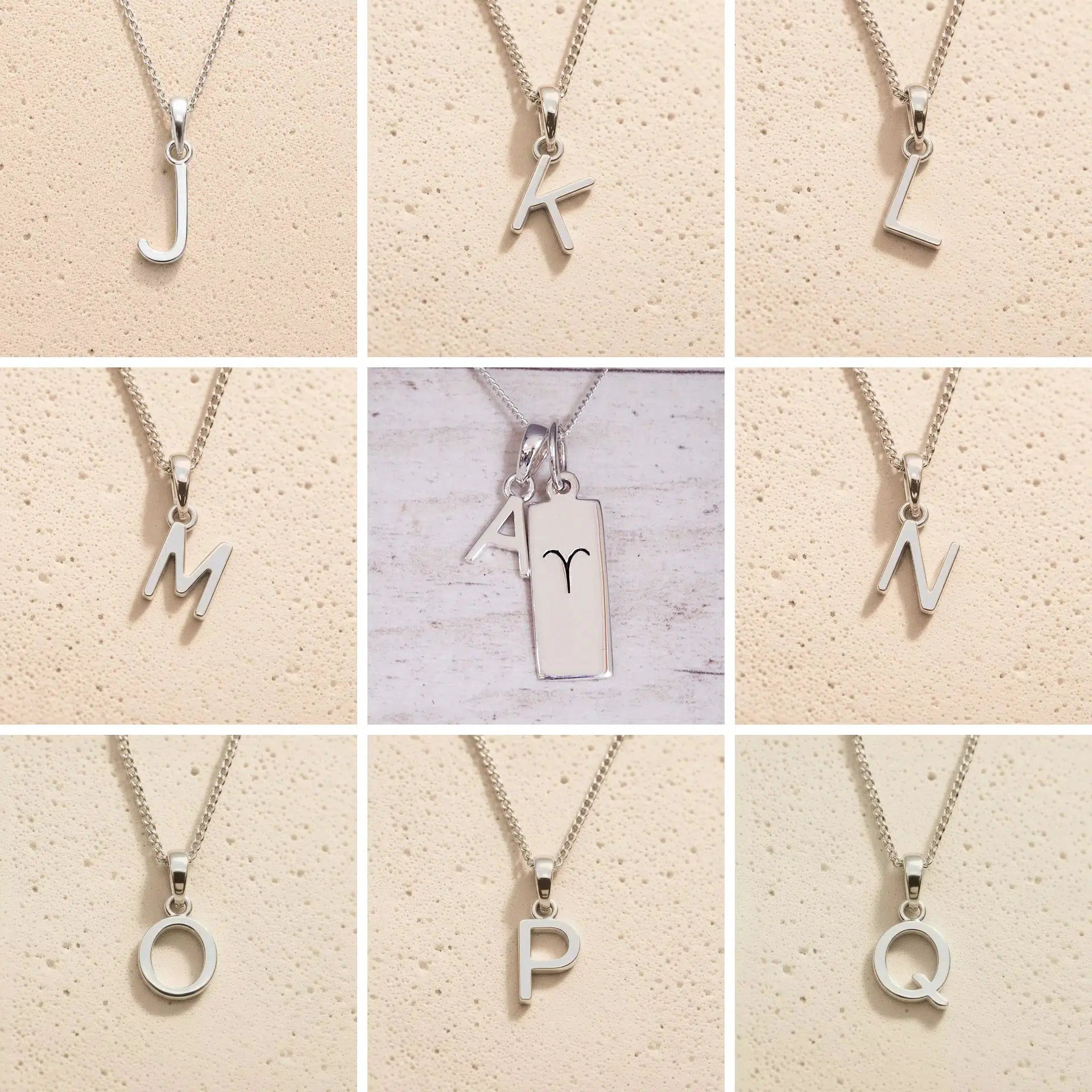 Collage of silver necklaces with letter pendants J to Q on a beige background as personalised initials to add to the Aries Zodiac Necklace