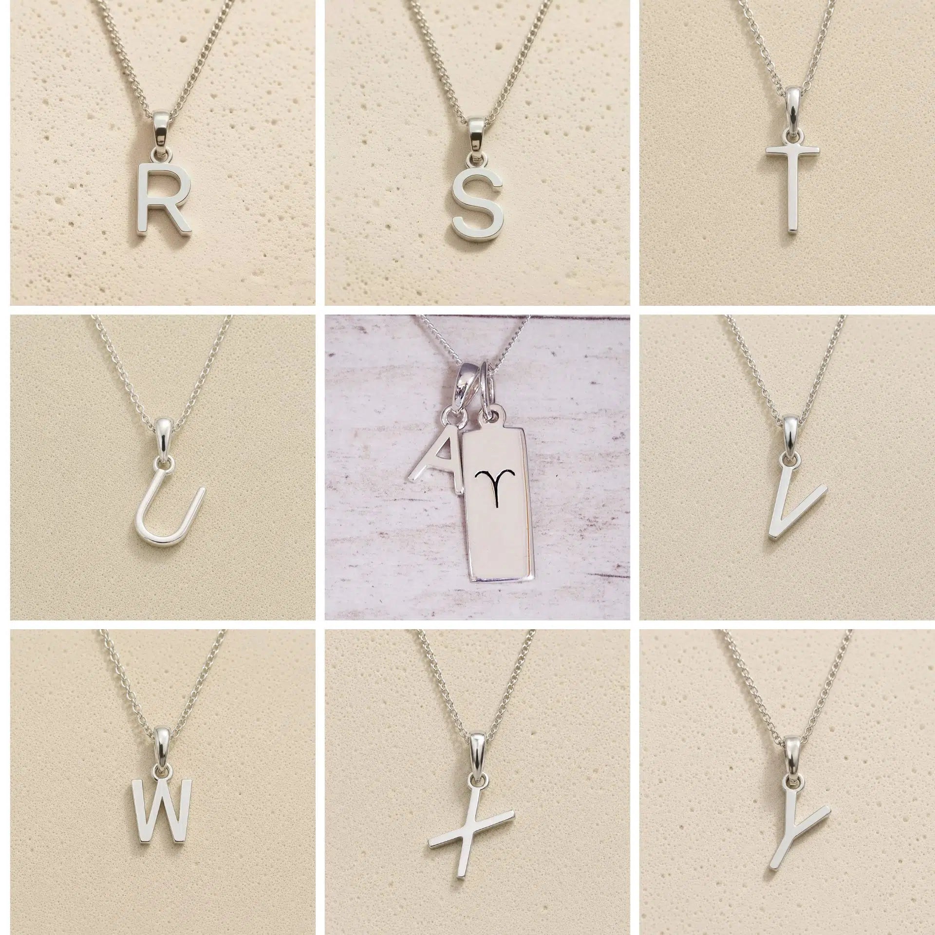 Collage of silver necklaces with letter pendants R to Y on a beige background as personalised initials to add to the Aries Zodiac Necklace