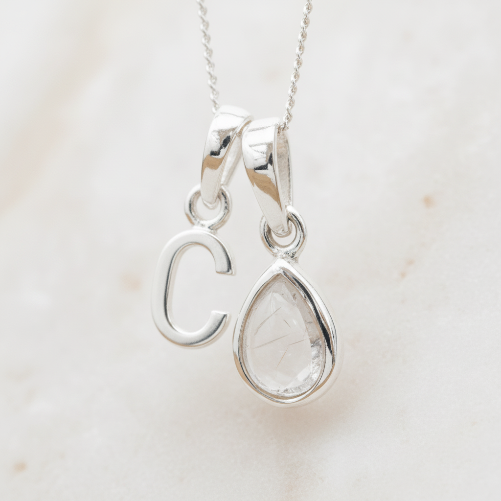 Silver Initial C necklace with a teardrop-shaped Herkimer Quartz crystal pendant hanging above a rustic wooden surface