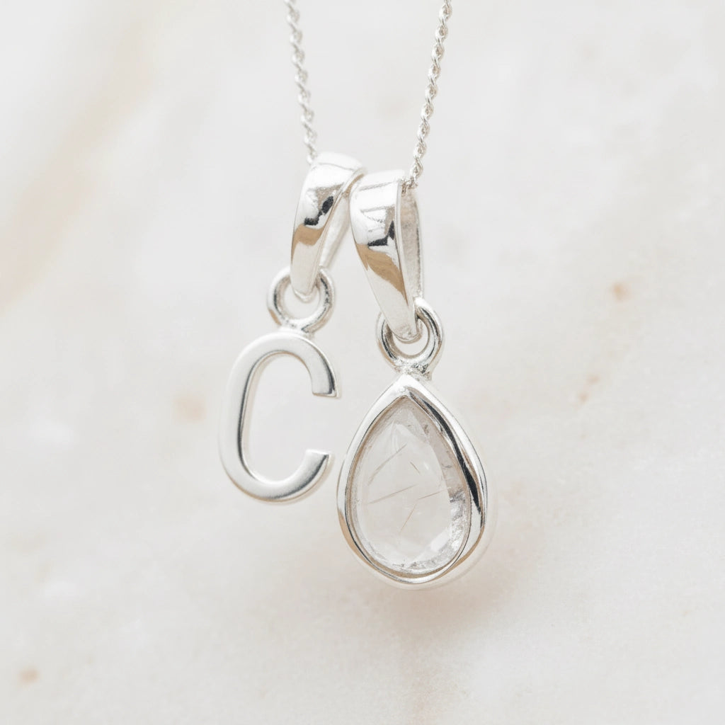 Silver Initial and April Birthstone Herkimer Quartz Necklace
