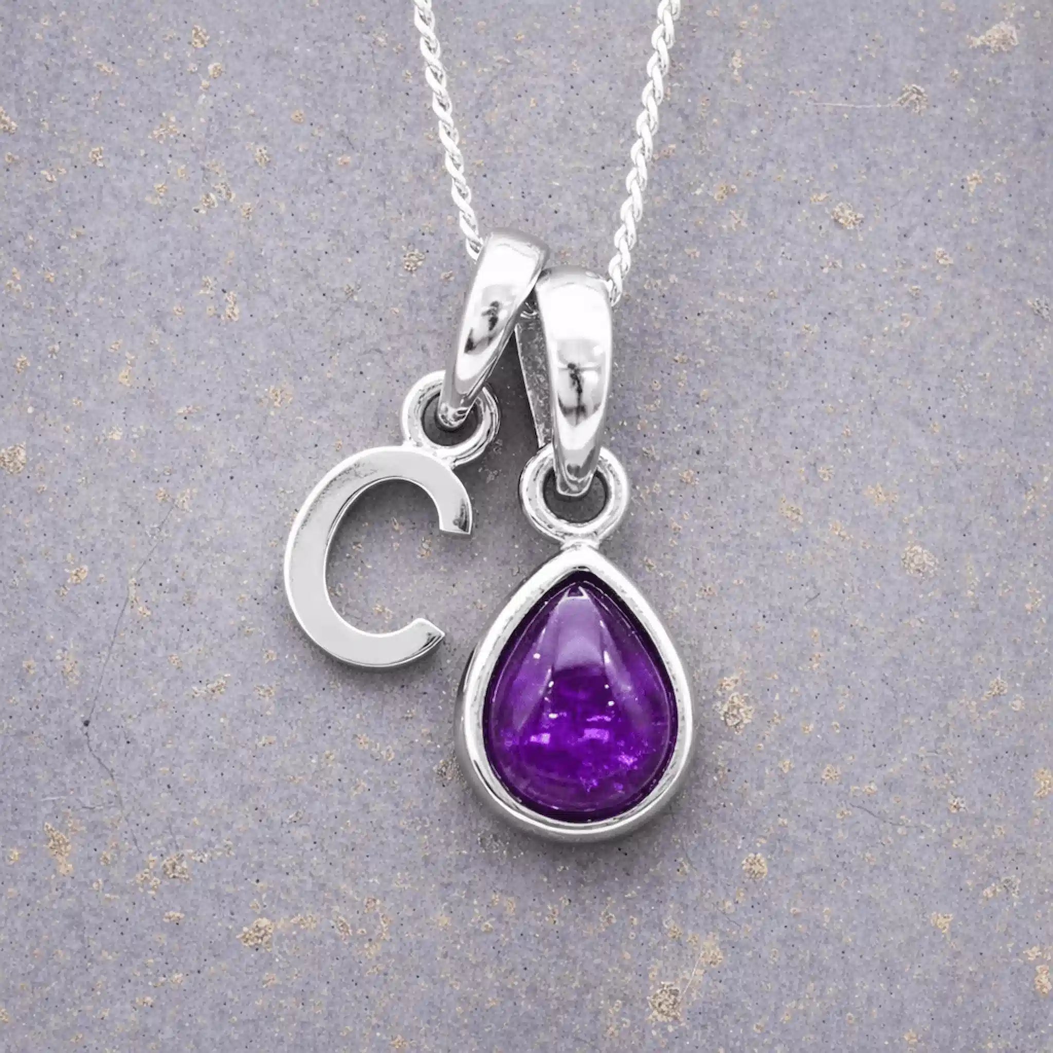 Sterling Silver February birthstone Necklace with a pear-shaped natural Amethyst gemstone pendant and letter 'C' charm