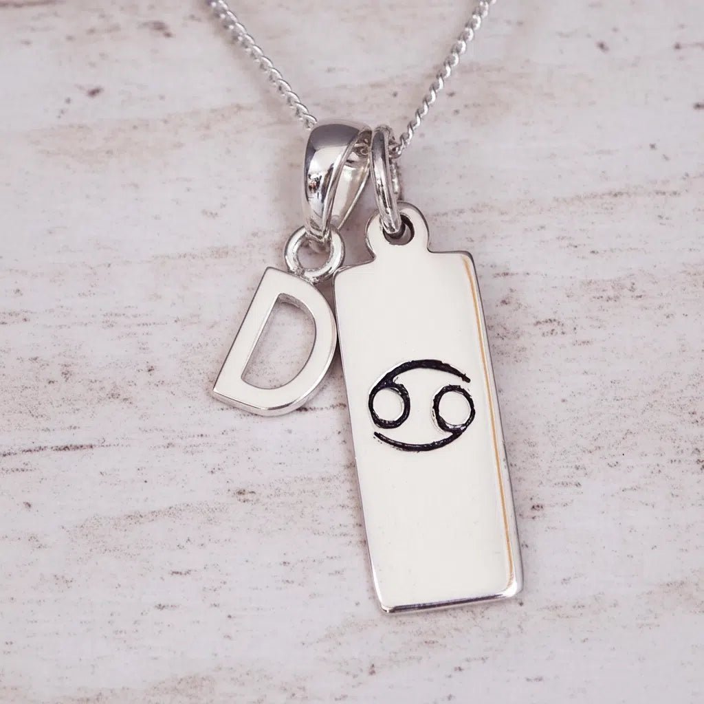 Sterling Silver necklace with 'D' initial pendant and Cancer Zodiac pendant on a textured grey background.