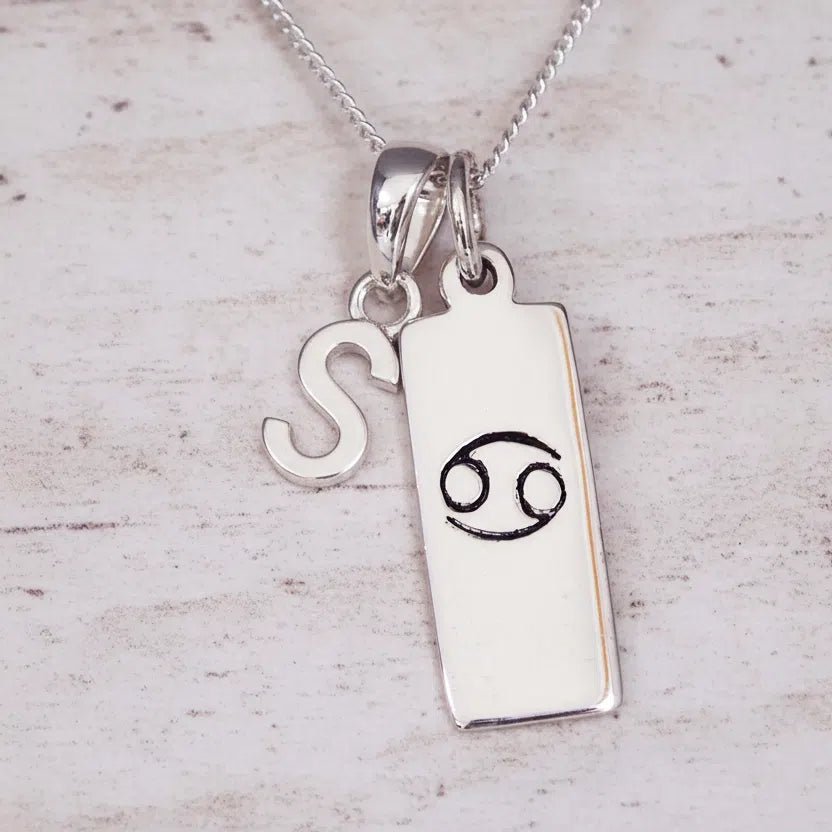Sterling Silver necklace with 'S' initial pendant and Cancer Zodiac pendant on a textured grey background.