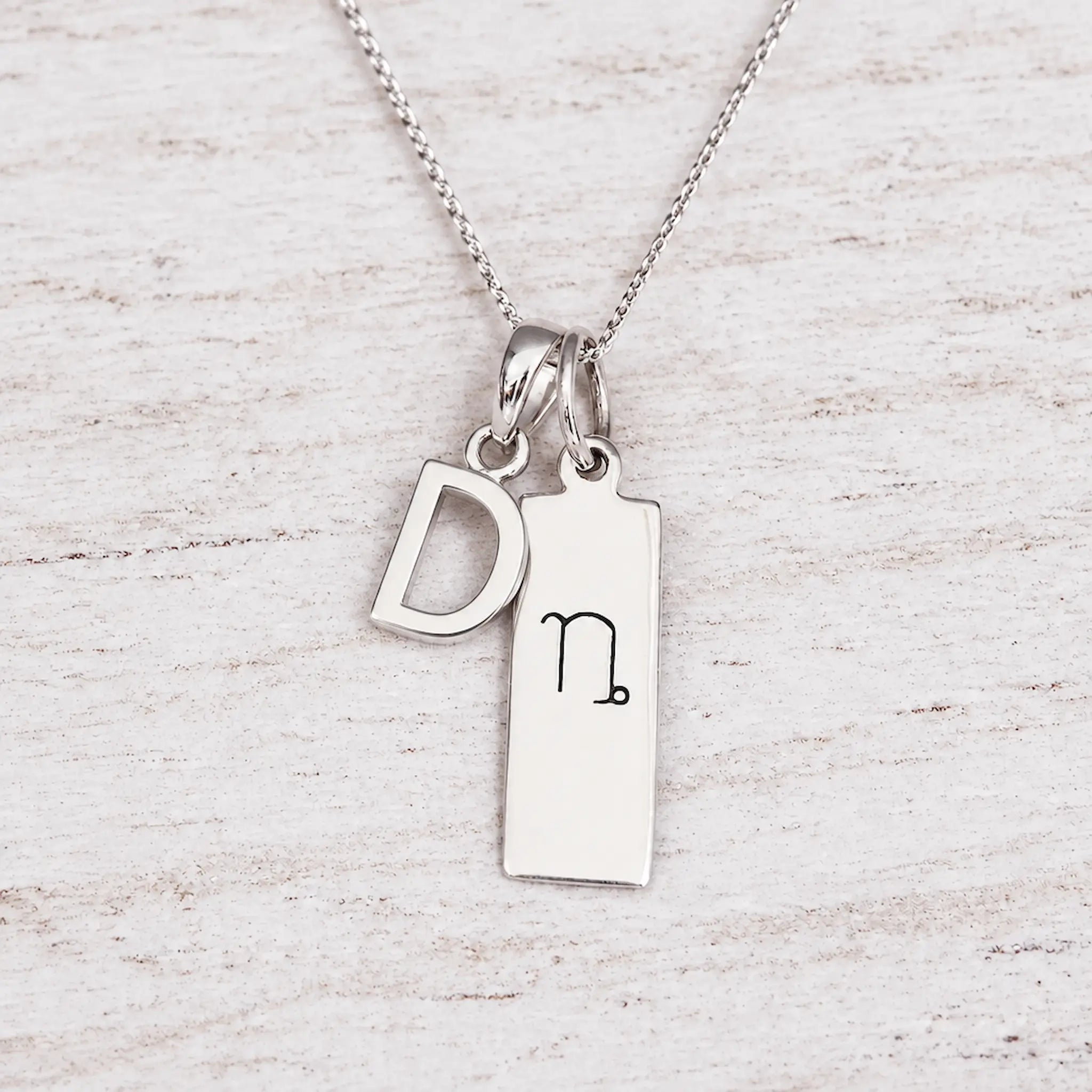 Silver Initial and Capricorn Zodiac Necklace with sterling silver letter D pendant on light wood