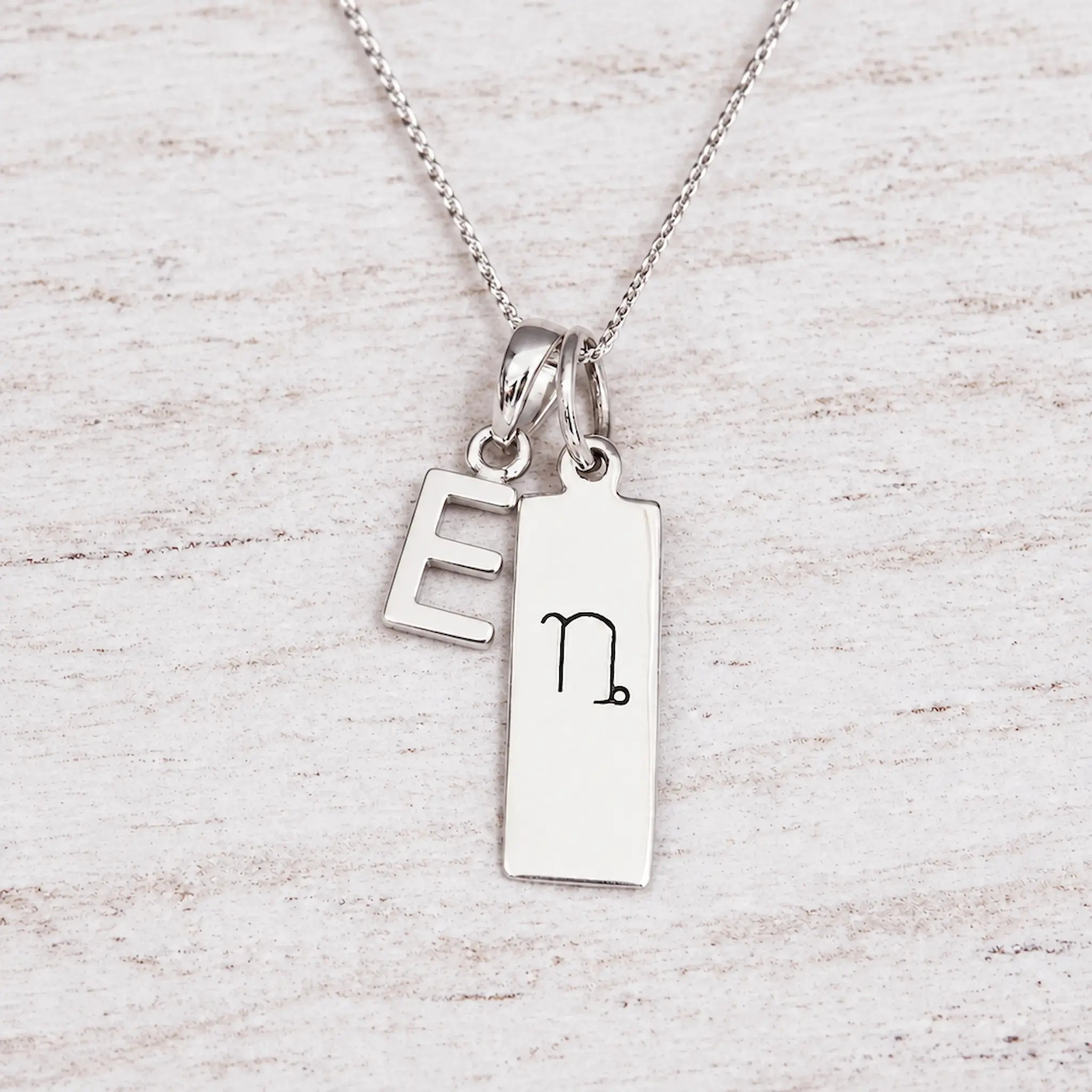 Silver Initial and Capricorn Zodiac Necklace with sterling silver letter E pendant on light wood