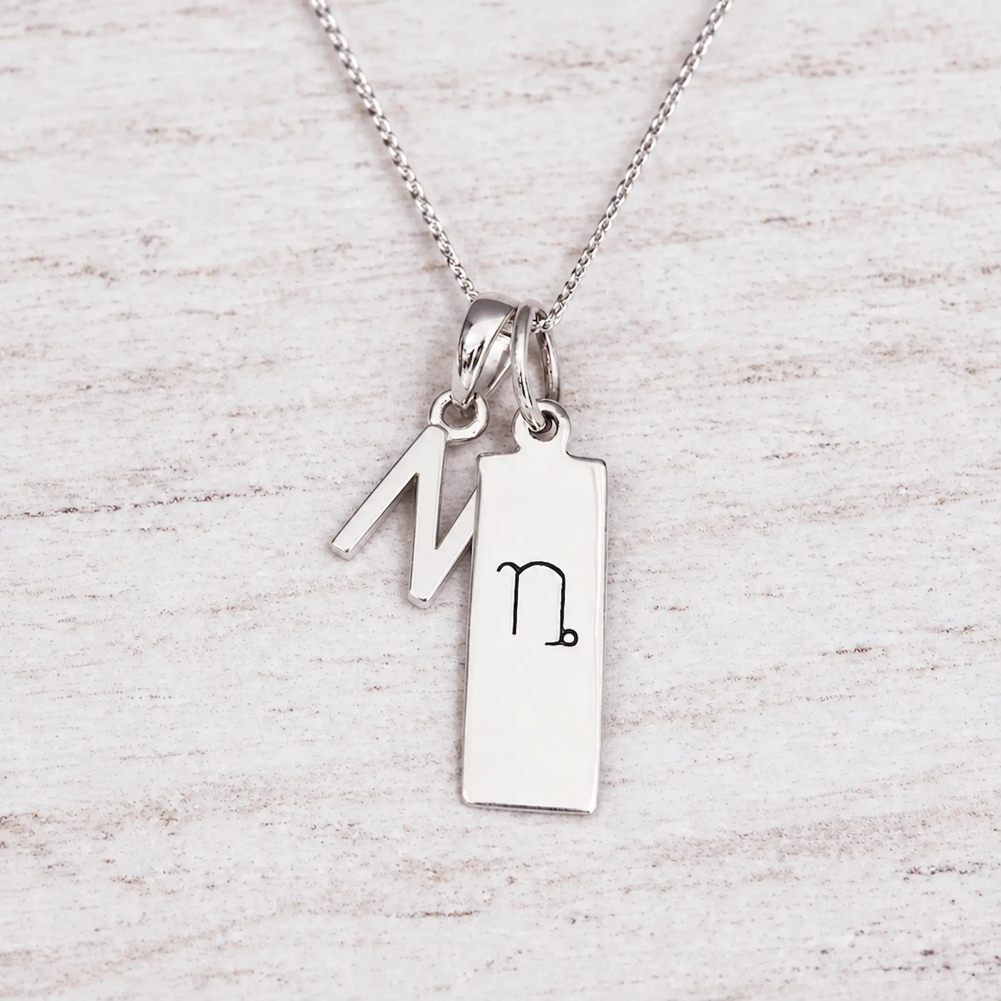 Silver Initial and Capricorn Zodiac Necklace with sterling silver letter N pendant on light wood
