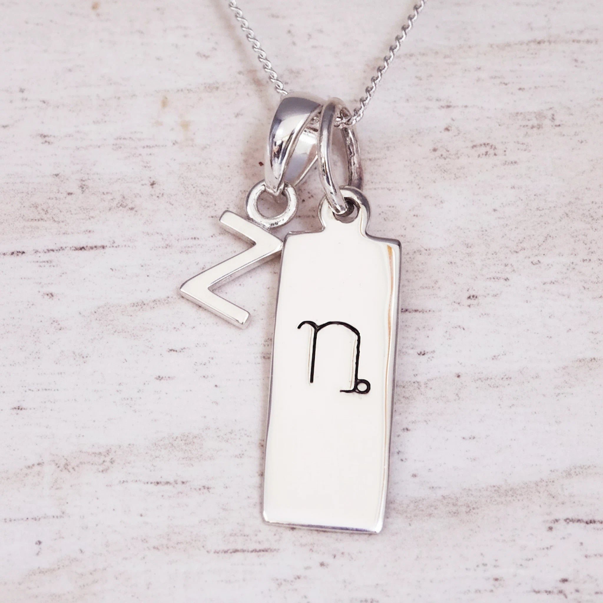 sterling Silver double pendant necklace with a rectangle pendant with the capricorn zodiac glyph, and a 'Z' initial pendant on a light wooden background