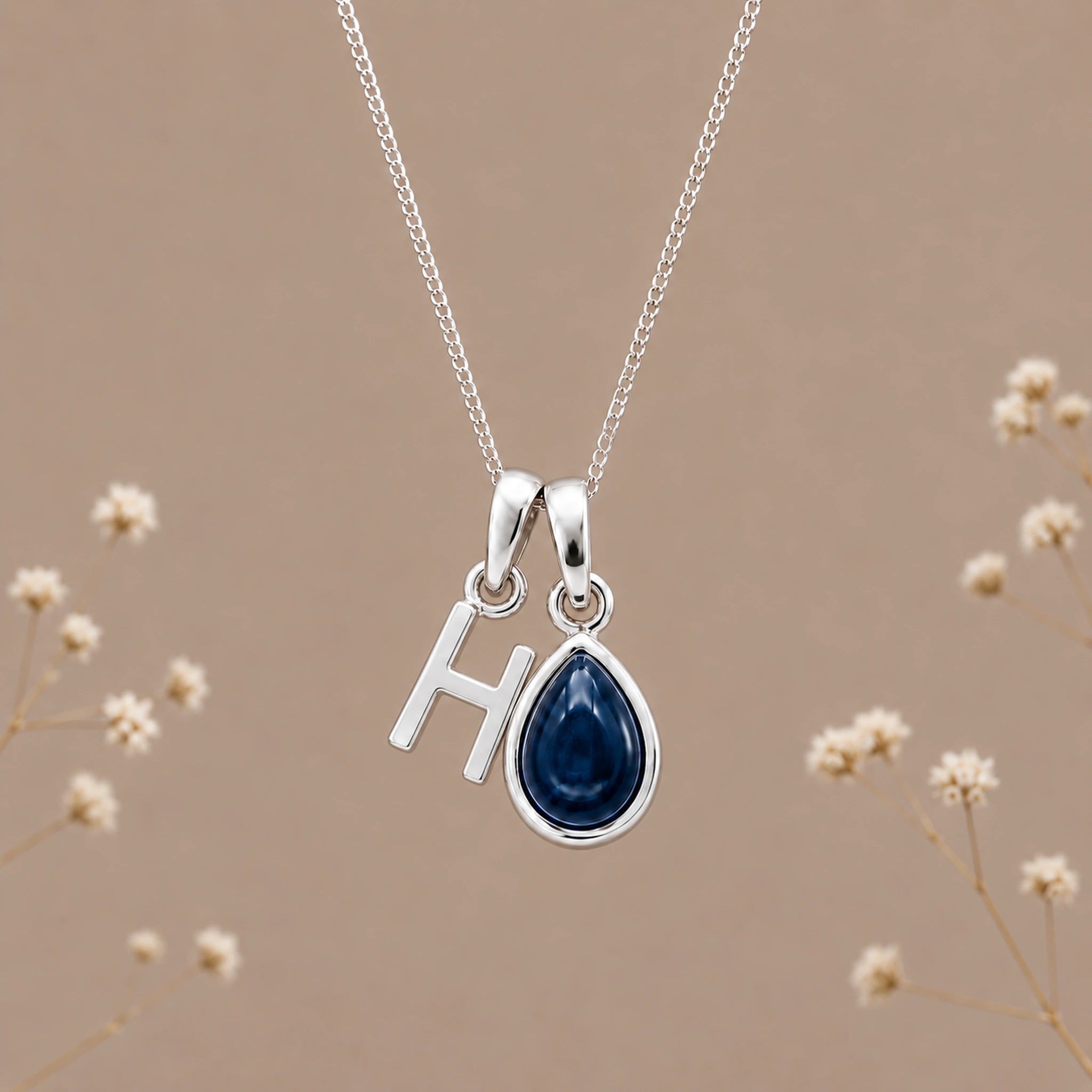 Sterling silver initial H and natural September sapphire necklace