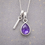 Sterling Silver February birthstone Necklace with a pear-shaped natural Amethyst gemstone pendant and letter 'I' charm