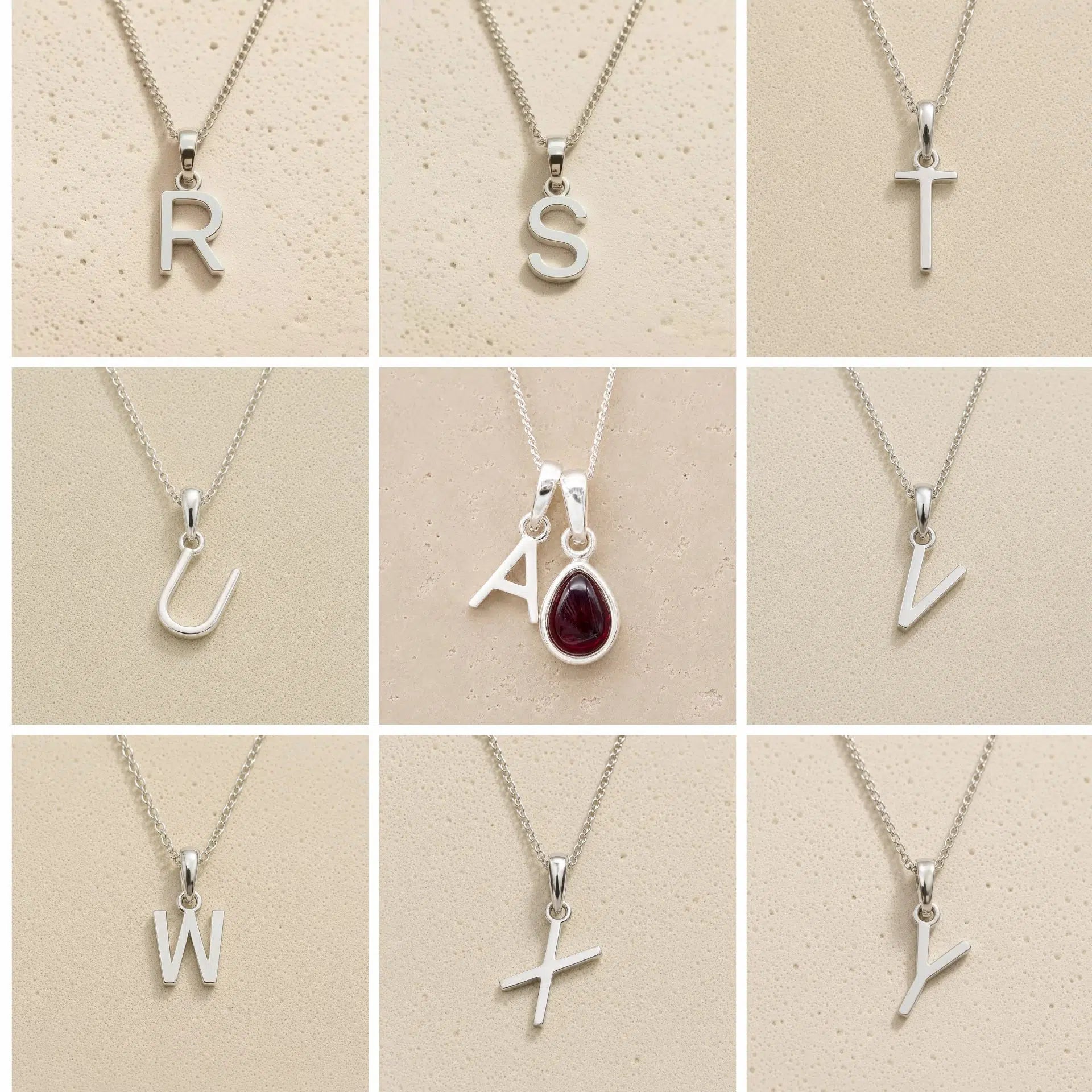 Collection of silver letter pendants r, s, t, u, a, v, w, x, y on a beige background as personalised initial options for a January Birthstone Natural Garnet Gemstone Necklace.