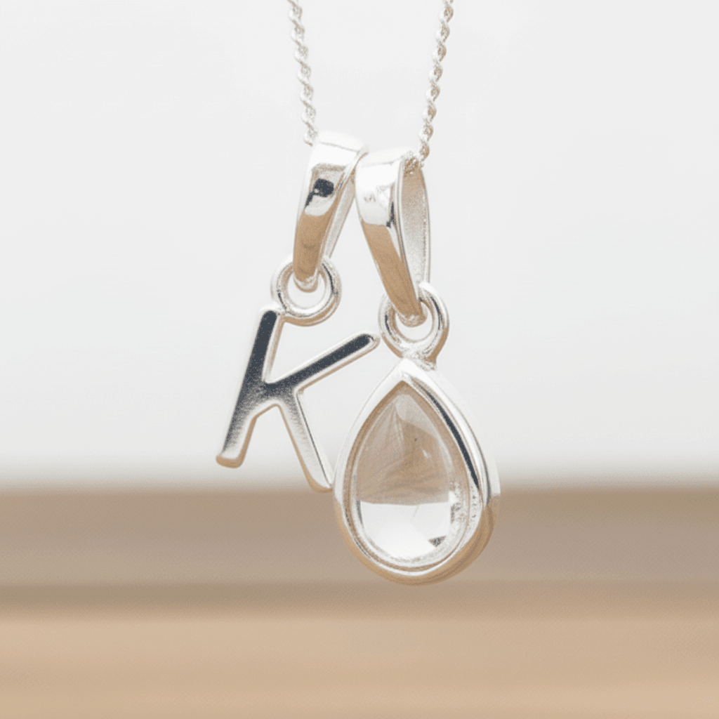 Silver Initial K necklace with a teardrop-shaped Herkimer Quartz crystal pendant hanging above a rustic wooden surface