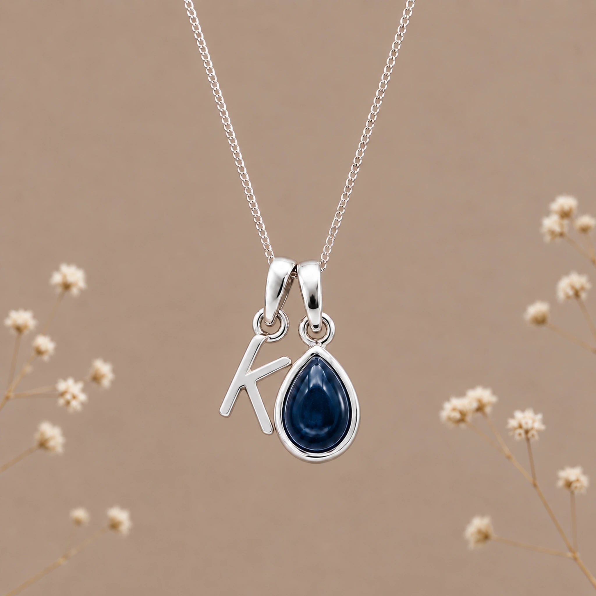 Sterling silver initial K and natural September sapphire necklace