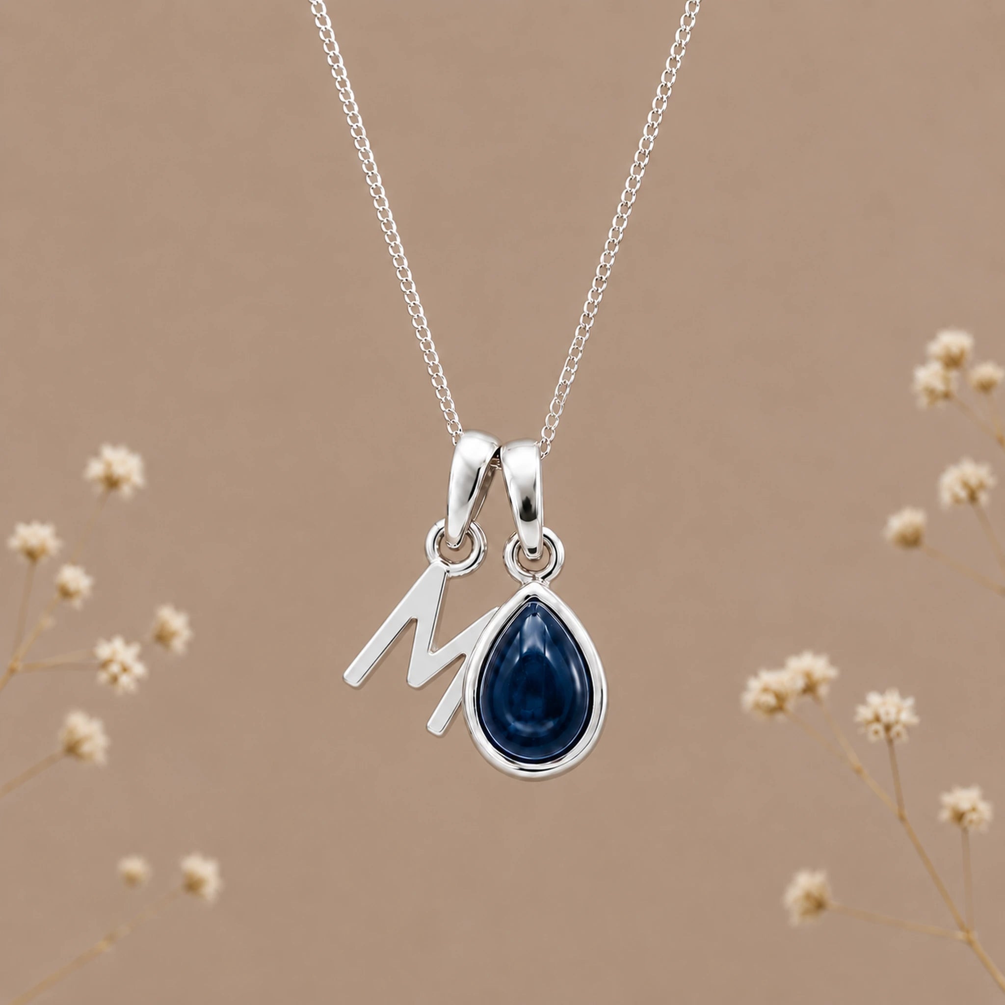 Sterling silver initial M and natural September sapphire necklace