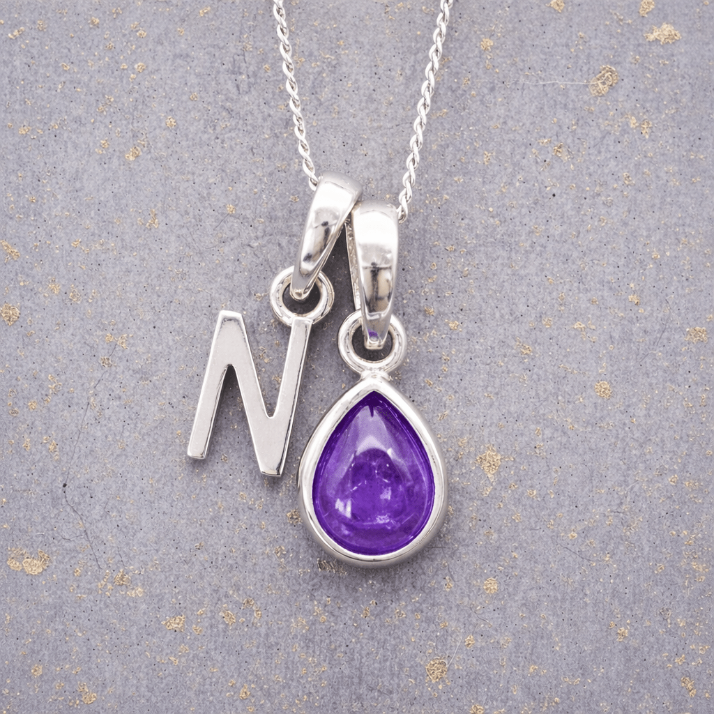sterling Silver necklace with a purple teardrop february birthstone amethyst pendant and letter 'N' charm on a textured grey background.