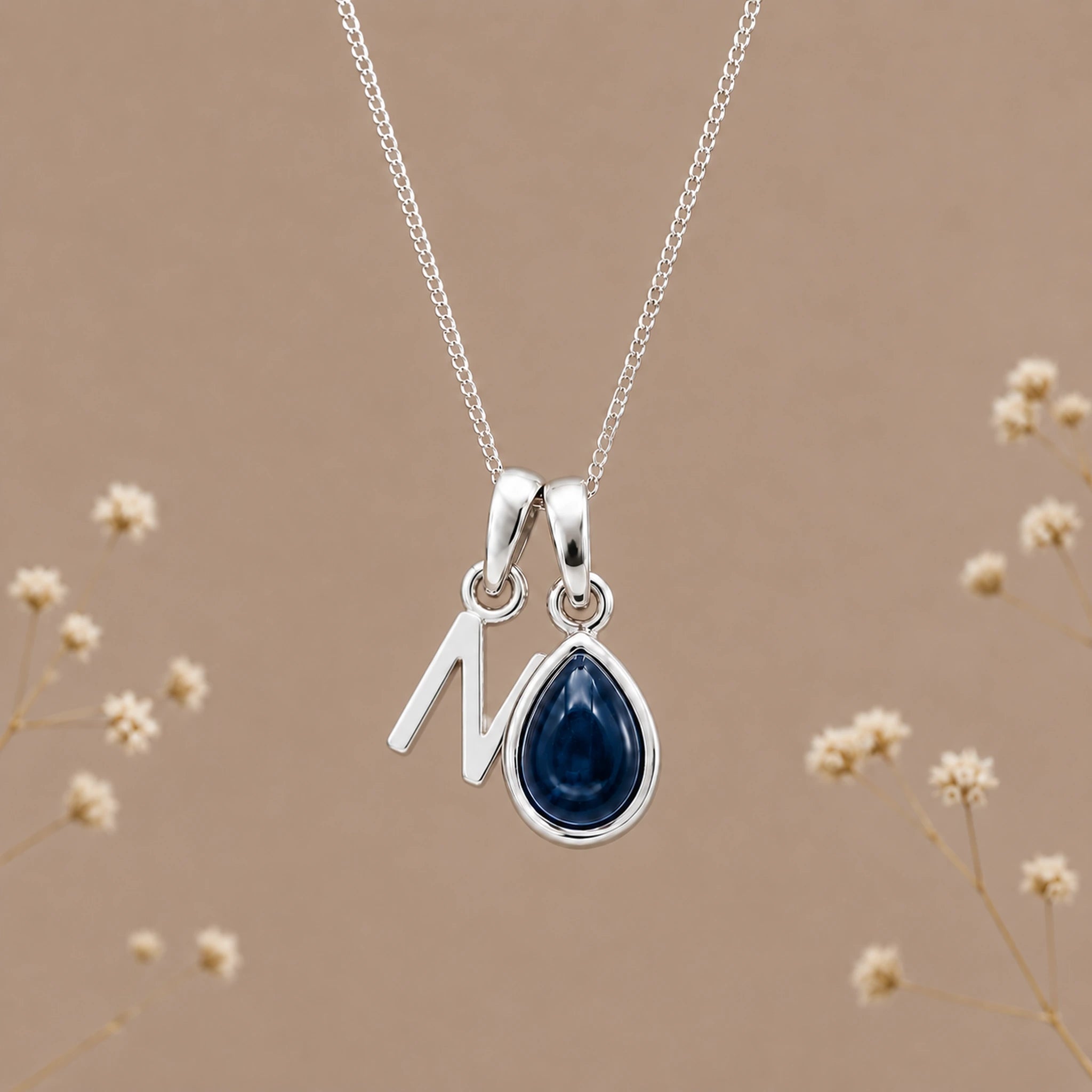 Sterling silver initial N and natural September sapphire necklace