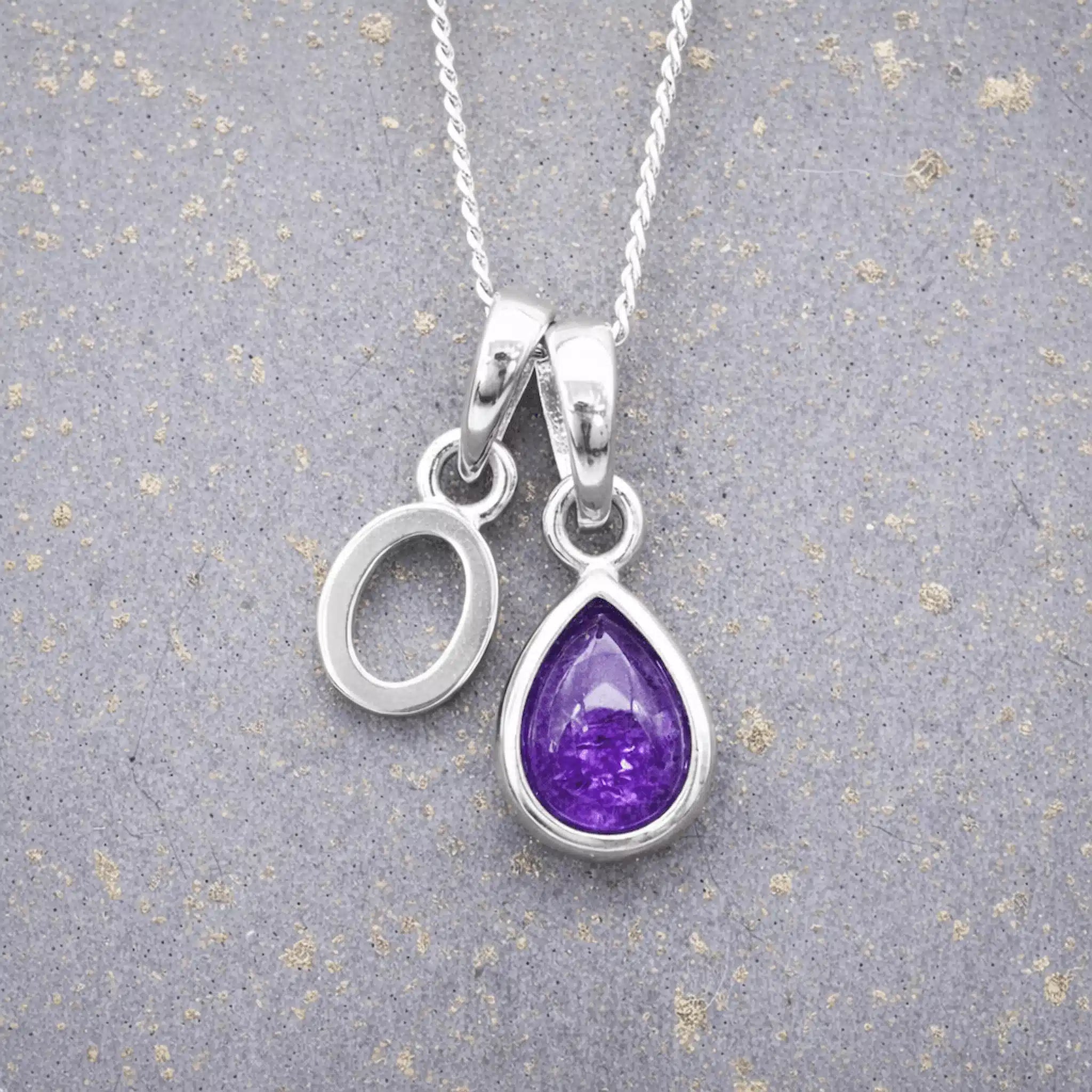 Sterling Silver February birthstone Necklace with a pear-shaped natural Amethyst gemstone pendant and letter 'O' charm